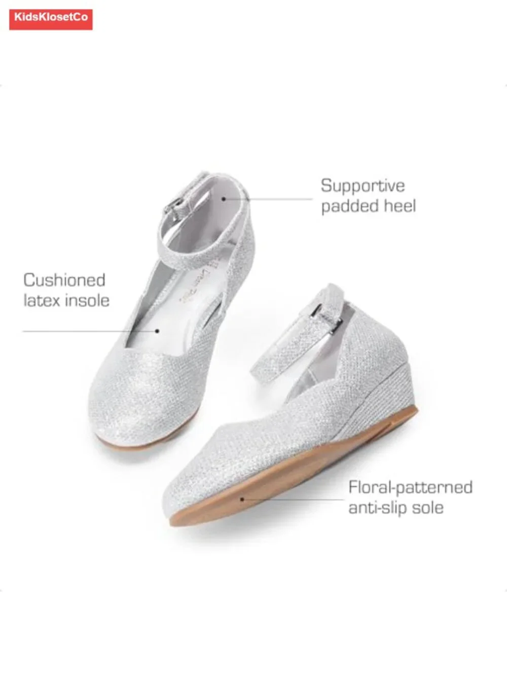 Girls Dress Shoes Low Wedge Heels Ankle Strap Sparkle Flower Party Pumps